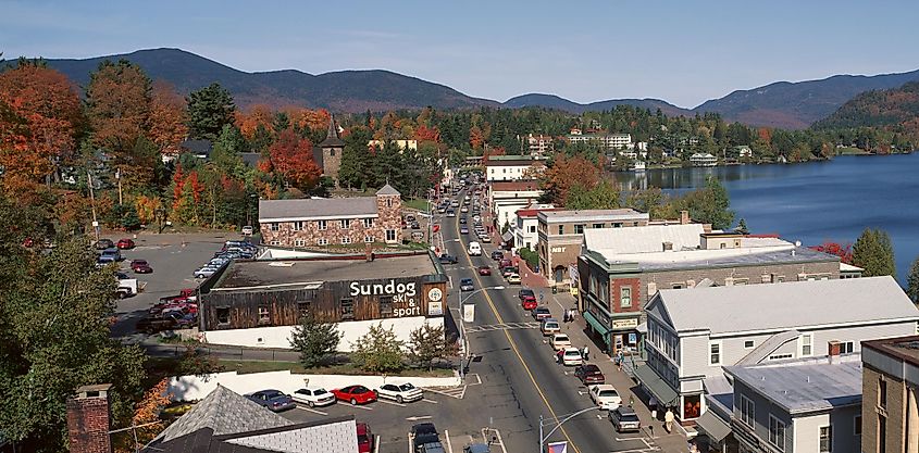 Aerial view of Lake Placid's main street