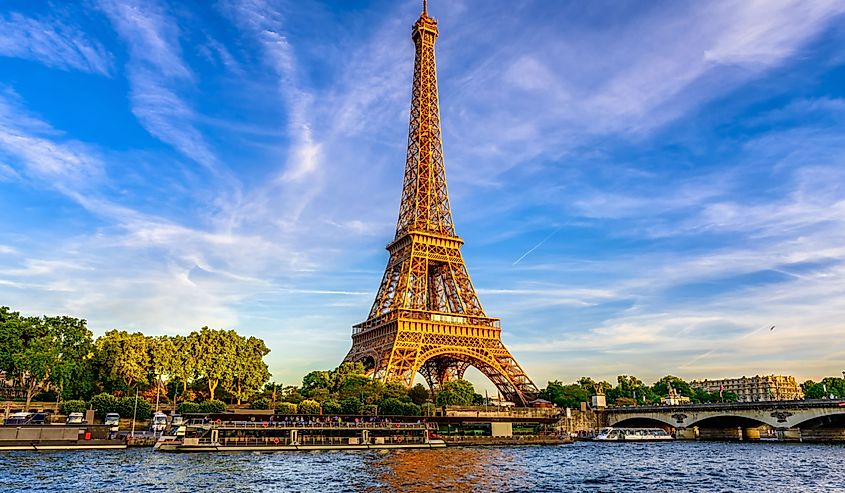 Paris Eiffel Tower and river Seine at sunset in Paris, France