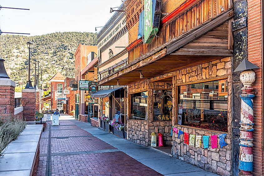 Historic buildings lining a street in downtown Glenwood Springs, Colorado.
