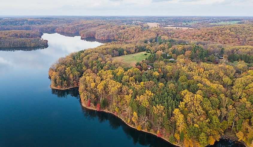 Aerial of Loch Raven Reservoir in Baltimore County, Maryland during Fall