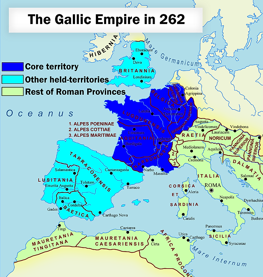 Map of the rebellous Gallic Empire, showing its core areas and held territories, within the Roman Empire, in 262. Image Credit: ArdadN, wikimedia.org.