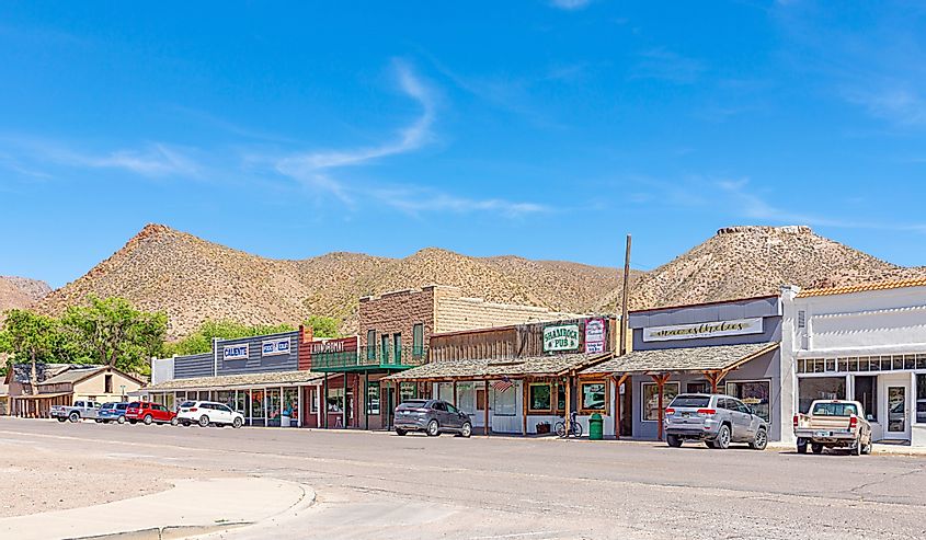 Downtown Caliente in Nevada. Shows stores and street.