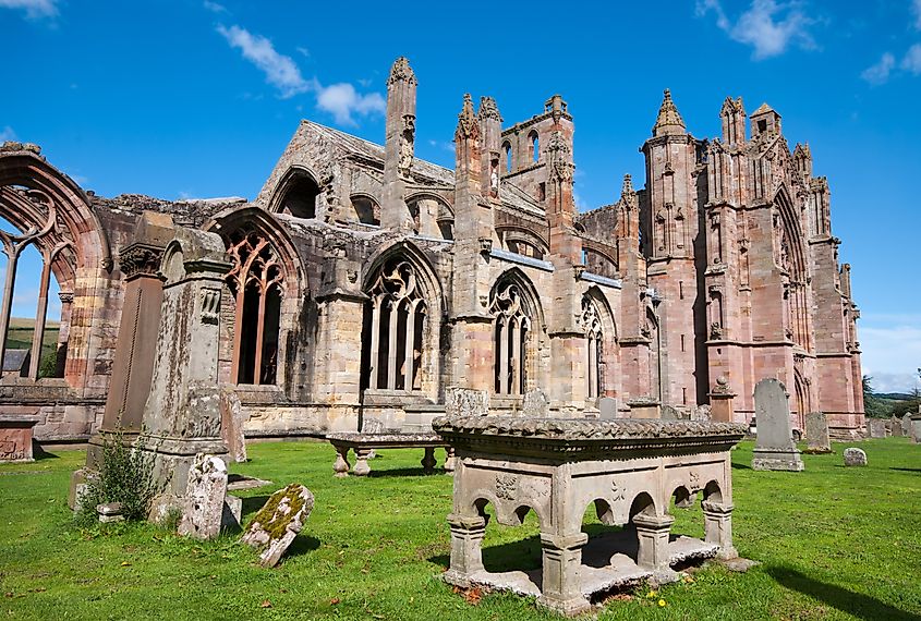 Ancient ruins of Melrose Abbey in Scotland.