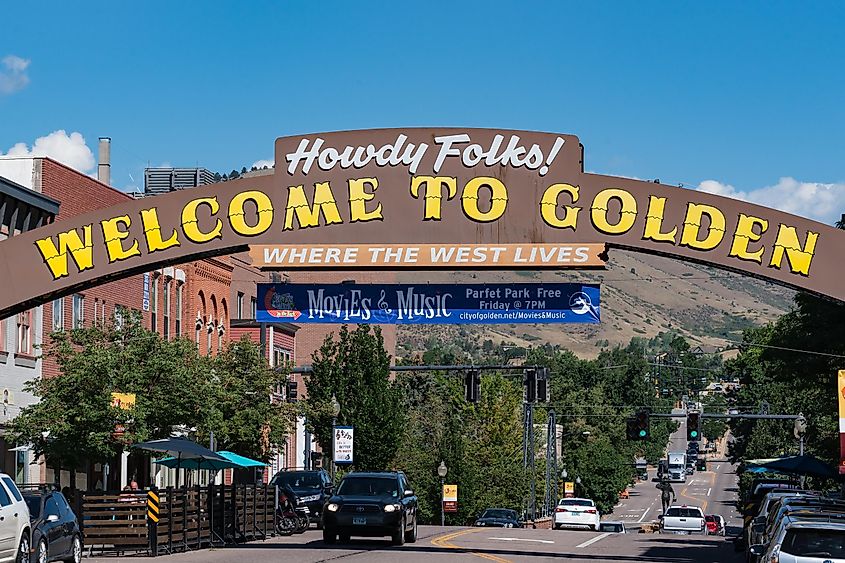 Welcome to Golden sign along Washington street in Golden, Colorado. Editorial credit: Paul Brady Photography / Shutterstock.com