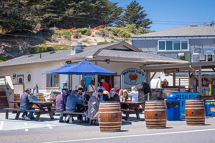 People eating at Spud Point Crab Co. in Bodega Bay, California.