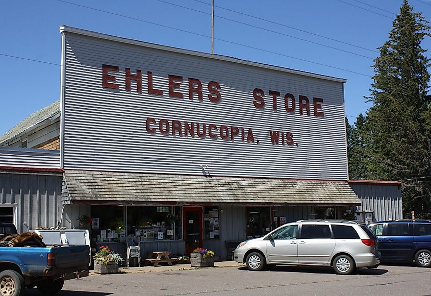 The Ehlers General Store storefront in Cornucopia, Wisconsin.