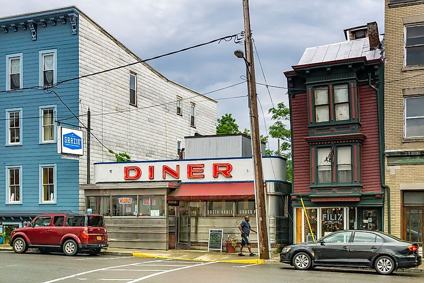 Landscape view of a diner on Warren Street, Hudson, New York. 
