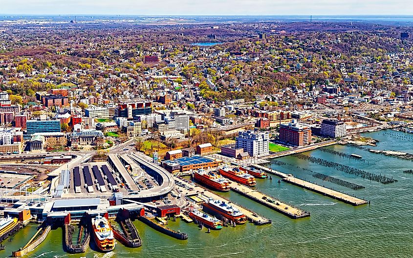 Aerial view of the St. George Ferry terminal on Staten Island, New York.