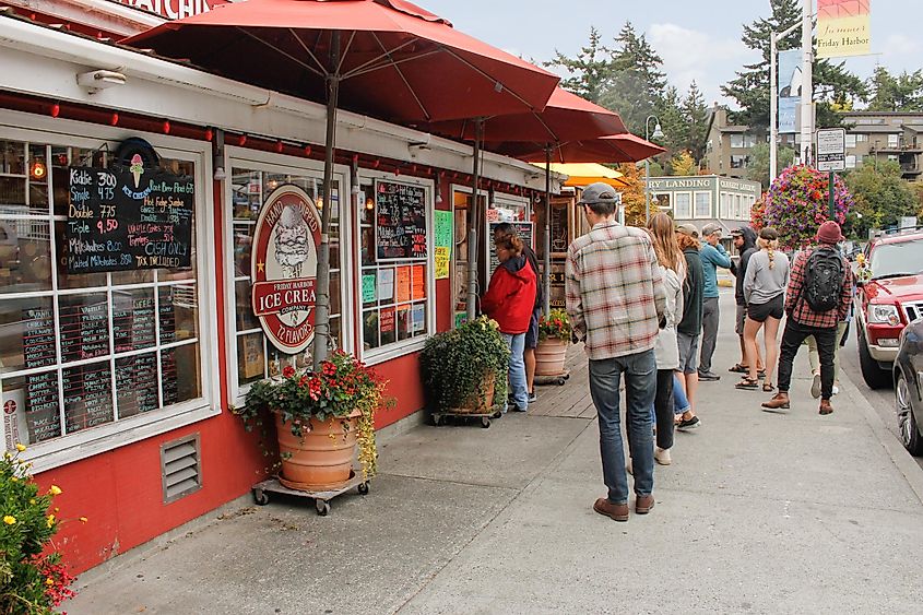 Friday Harbor, Washington, United States - 09-11-2021: A view of a line of hungry customers waiting to order at Friday Harbor Ice Cream Company.