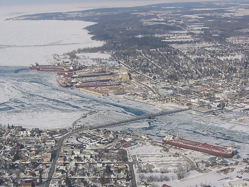 Aerial view of lake freighters in winter layup at Sturgeon Bay, Wisconsin.