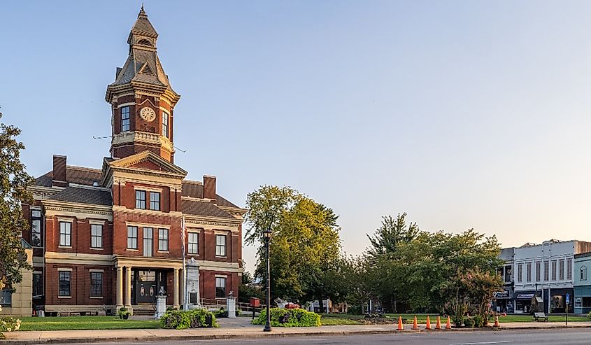 Pylons out front of the Graves County Courthouse in Mayfield, Kentucky.