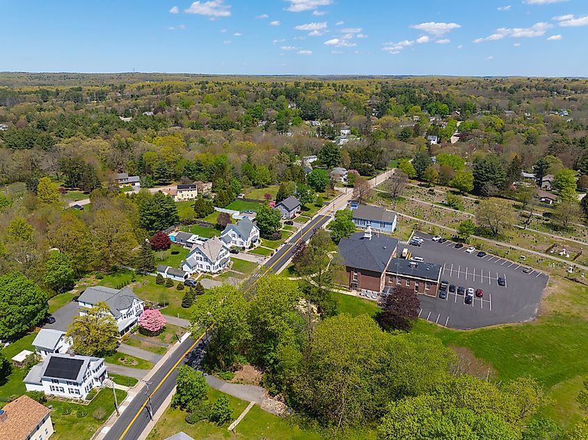 North Smithfield Town Hall aerial view at 83 Greene Street in historic village of Slatersville, town of North Smithfield, Rhode Island RI, USA. Wangkun Jia via Shutterstock