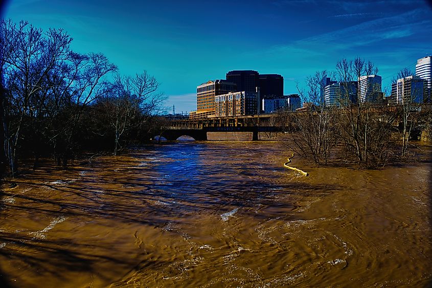 A flooding James River in Richmond, VA. Via Dr. Tom Photography / Shutterstock.
