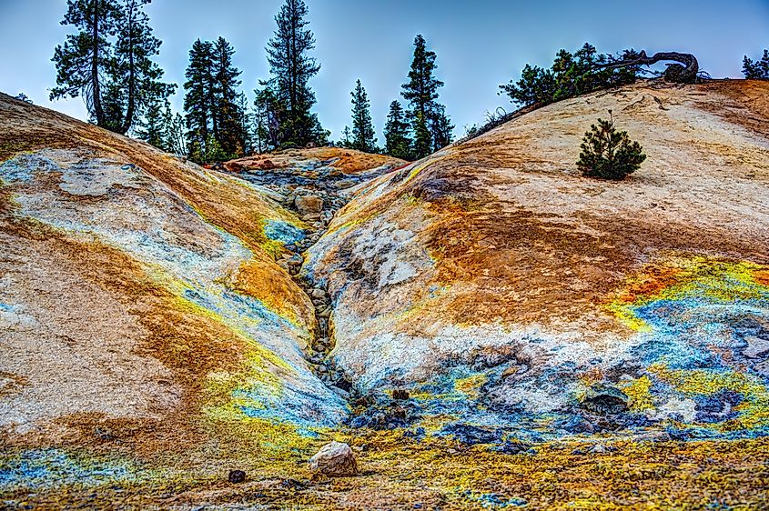 HDR trail view of the Sulphur Works hydrothermal area at Lassen Volcanic National Park, California.