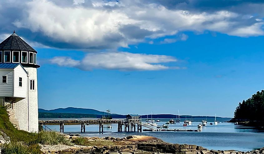 Scenic harbor and lighthouse on McHeard Cove in East Blue Hill, Maine