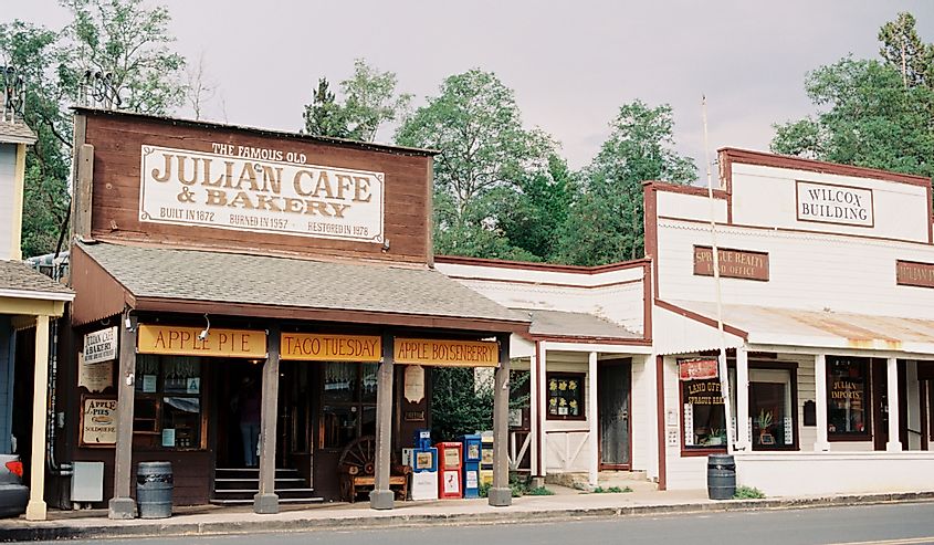 The Historic Downtown City of Julian featuring the Julian Cafe & Bakery, famous for it's apple pies, and the Wilcox Building.