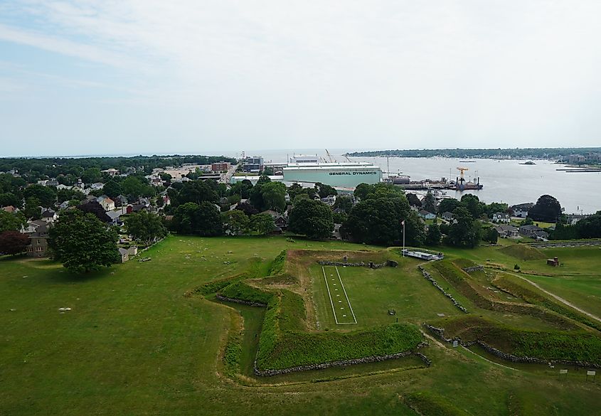 Groton, Connecticut, USA - July 4, 2024: Aerial view of Fort Griswold Battlefield State Park