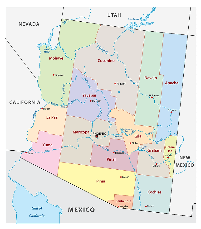 Administrative map of Arizona showing its 15 counties, with Yuma and La Paz counties along the California state line.