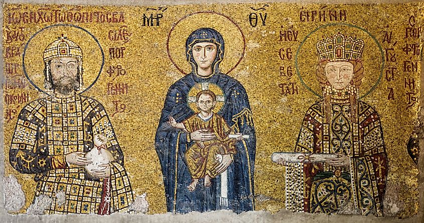 A mosaic from the Hagia Sophia of Constantinople (modern Istanbul), depicting Mary and Jesus, flanked by John II Komnenos (left) and his wife Irene of Hungary (right), 12th century