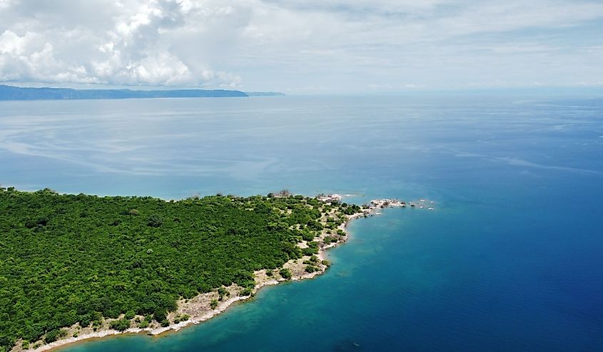 The blue fresh waters of Lake Tanganyika in Zambia, Africa. An inland sea and longest lake in the world