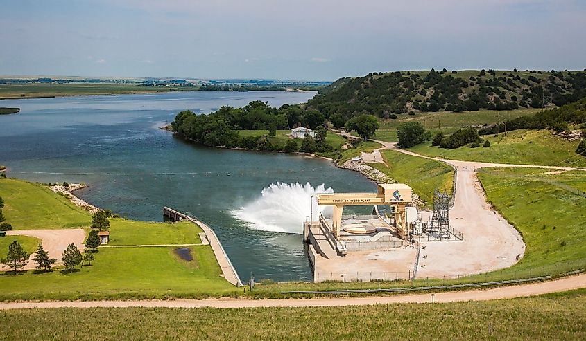 Outlet from the Kingsley Hydro Plant power generation facility at Kingsley dam, lake McConaughy on the north Platte river near Ogallala, Nebraska