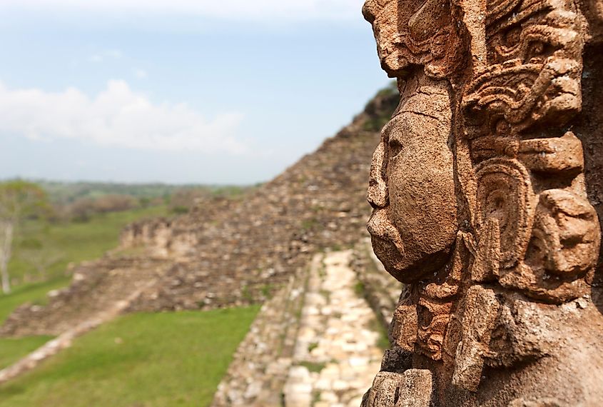 Sculpture of a Mayan God in the ruins of an ancient Mayan site at Tonina, Mexico.