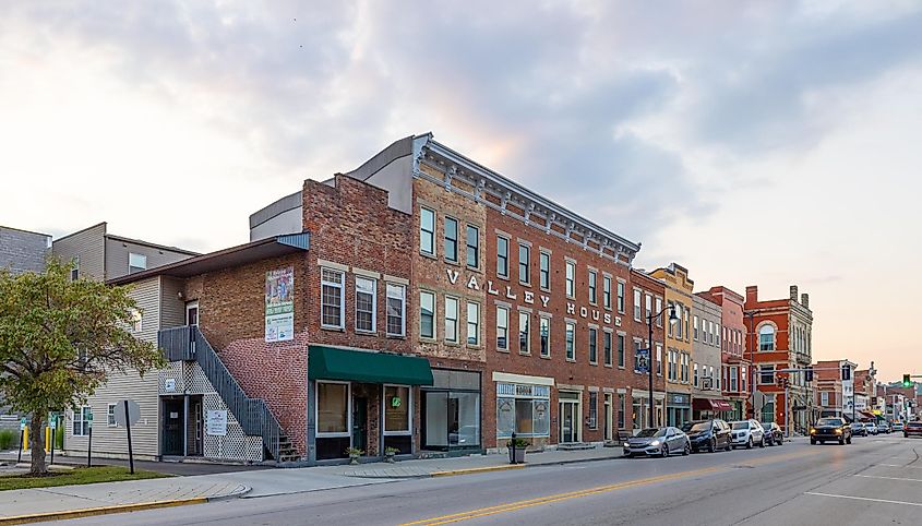 The business district on Main Street in Brookville, Indiana, via Roberto Galan / Shutterstock.com