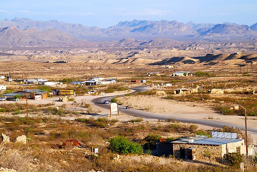 Aerial view of the small desert town of Terlingua in Texas