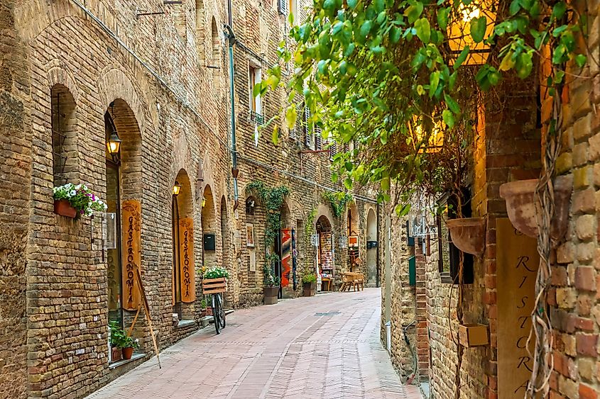 An alley through the old town of San Gimignano, Italy.