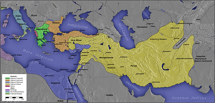 The Macedonian Empire, 336-323 B.C. AND Kingdoms of the Diadochi in 301 BC and 200 BC