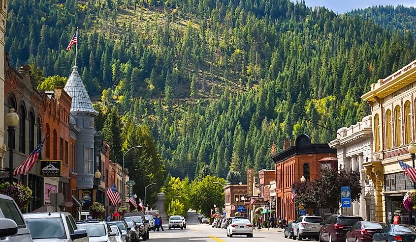 Main street with it's turn of the century brick buildings in the historic mining town of Wallace, Idaho
