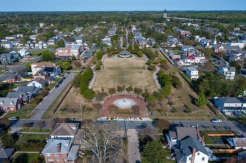 Aerial view of Central Park in Historic Cape Charles, Virginia.