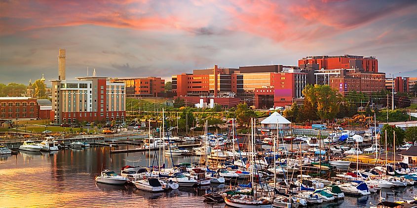 Erie, Pennsylvania, USA downtown on the bayfront at dusk.