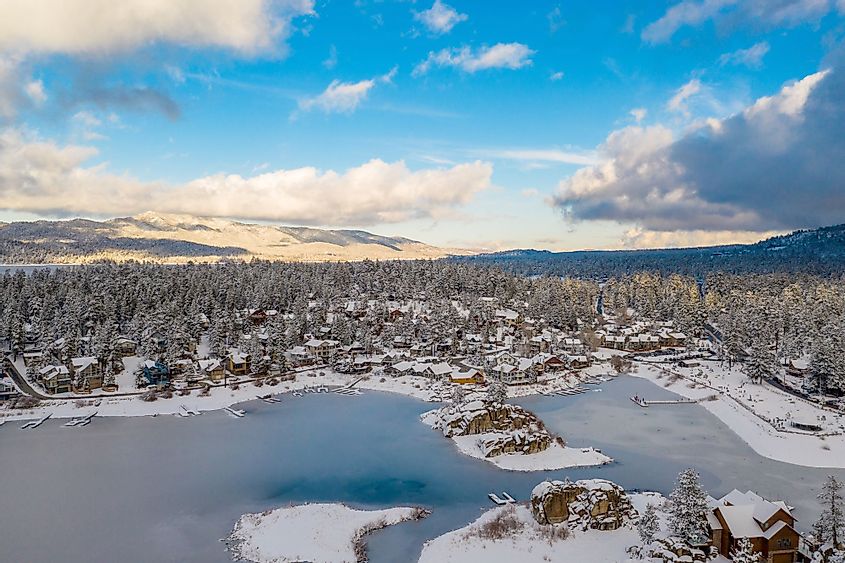 Aerial view of the Big Bear Lake and town in California