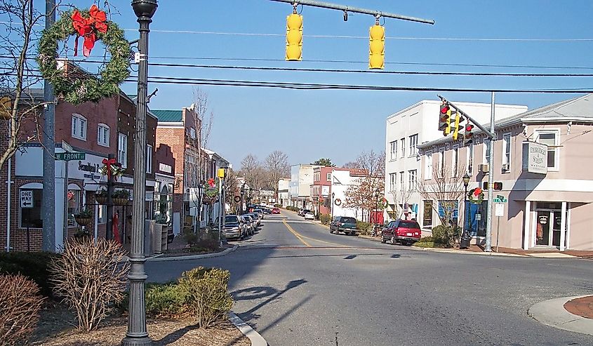 Looking down Walnut Street in Milford, Delaware.