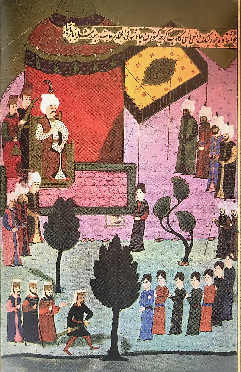 Ottoman painting showing the head of Mamluk Sultan al-Ghuri being remitted to Selim I