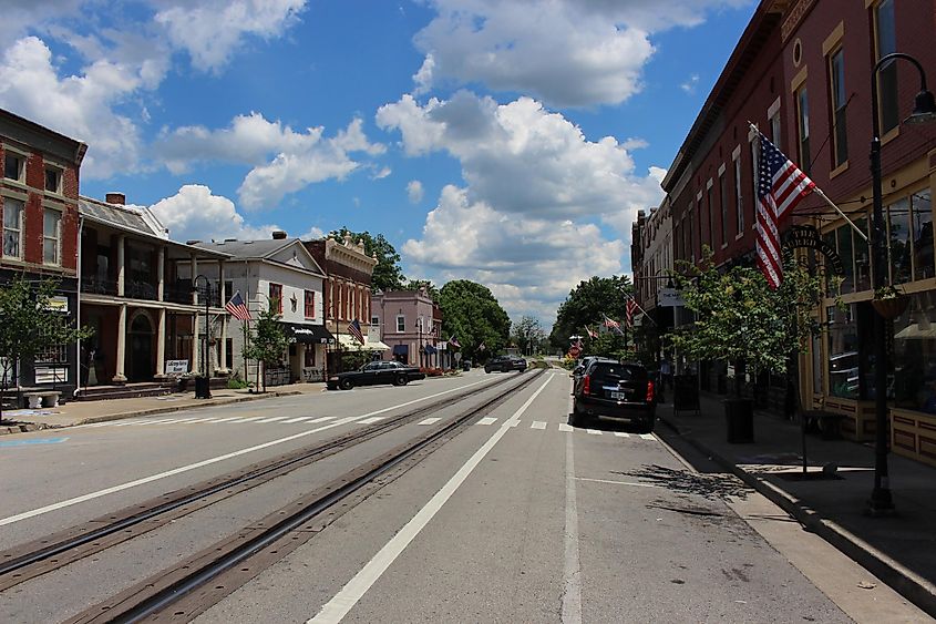 Freight rail in downtown La Grange, Kentucky. Downtown La Grange, Kentucky.