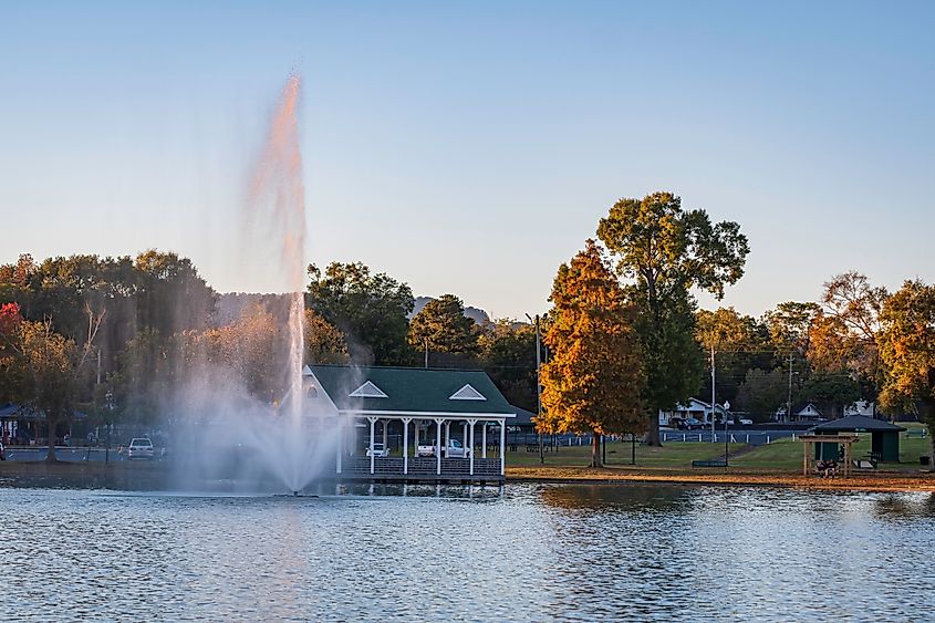 Fountain and gazebo in late afternoon at Oxford Lake Park in Oxford, Alabama.