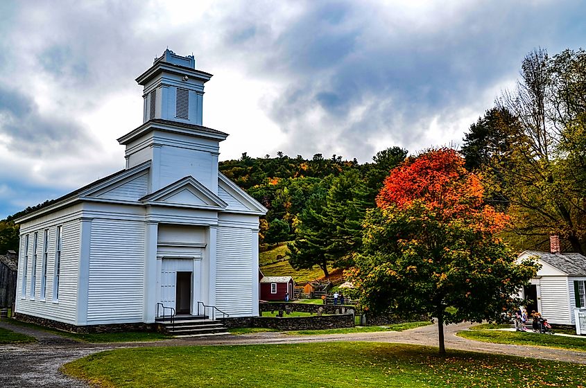 Upstate NY Cooperstown Old farm town Church and fall foliage