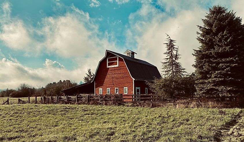 Old red barn in Warren, Oregon.