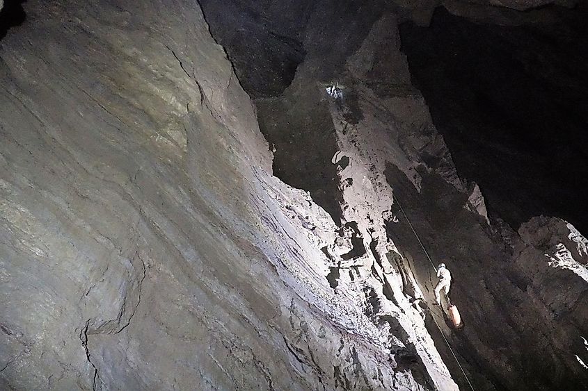 Caver Pavel Demidov of Perovo-speleo (Moscow, Russia) team is going up the Babatunda pit, the biggest (155m) pit of the cave Veryovkina. 