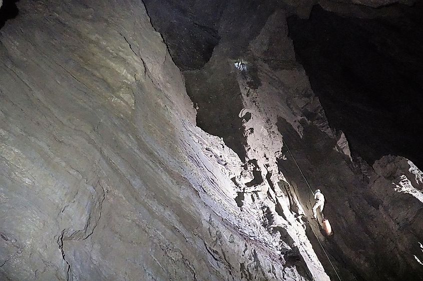 Caver Pavel Demidov of Perovo-speleo (Moscow, Russia) team is going up the Babatunda pit, the biggest (155m) pit of the cave Veryovkina.