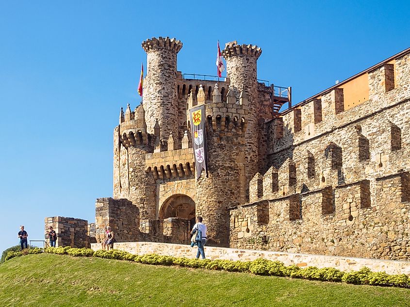 The beautiful, yet formidable facade of the Templar Castle in Ponferrada, Spain
