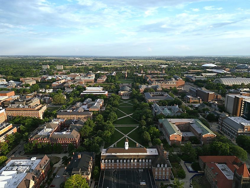 Downtown Aerial view of the University of Illinois at Urbana-Champaign quad, Illinois.