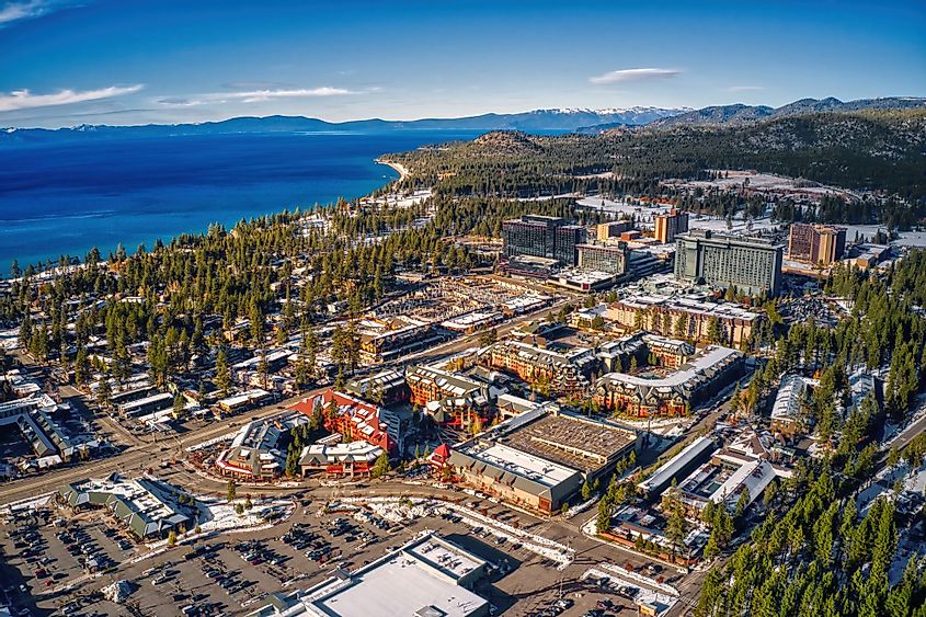 Aerial view of South Lake Tahoe which is on the California-Nevada Stateline