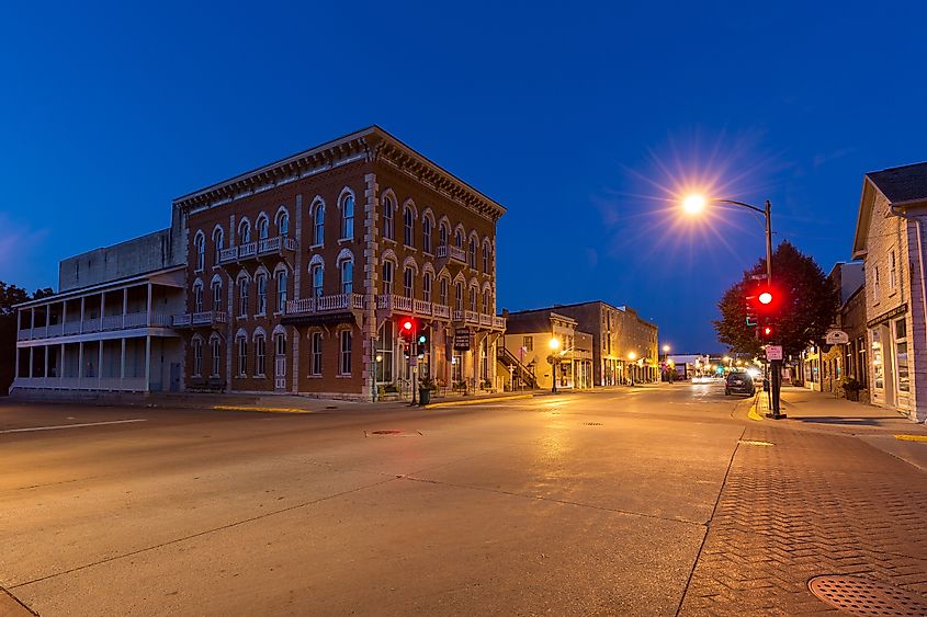 Downtown Decorah, Iowa at dusk. This town in the driftless region of northern Iowa is home to Luther College and is a center for Norwegian-American culture, via David Harmantas / Shutterstock.com