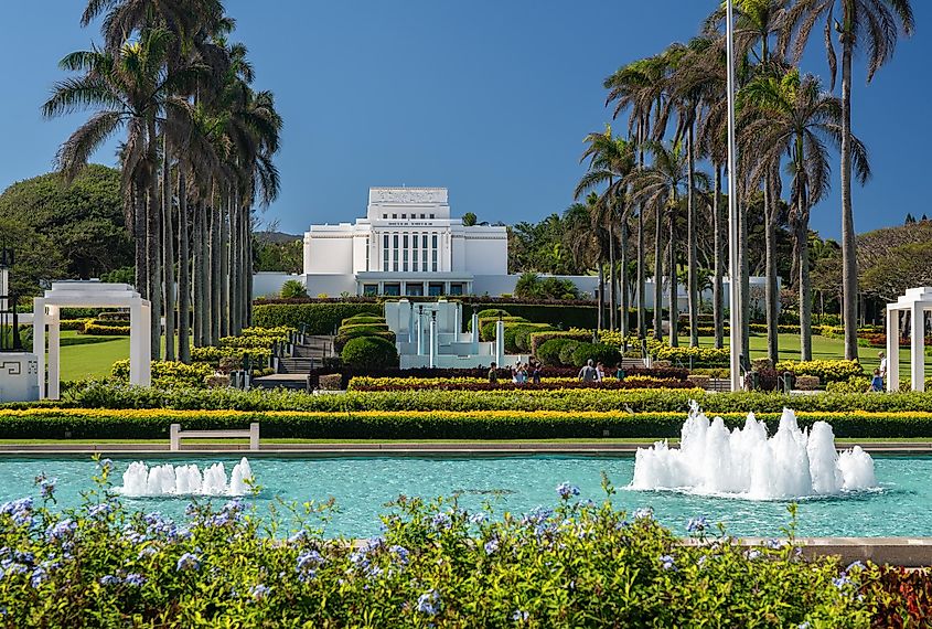 Laie, HI - 24 January 2020: View of the Laie Hawaii Temple of the church of the latter-day saints on Oahu