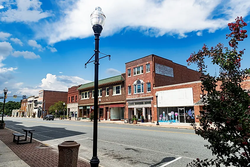 Rustic buildings along the main street in Pocomoke City, Maryland