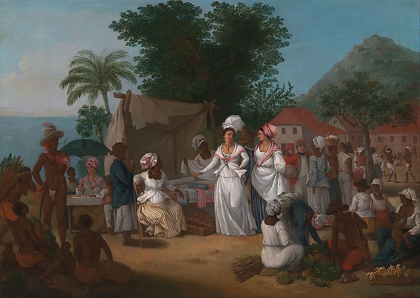 A Linen Market with enslaved Africans. West Indies,