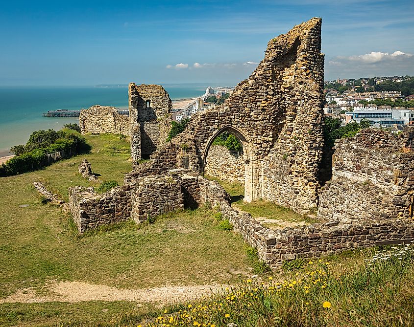 View west from inside the grounds of the ruins of Hastings Castle on top of West Hill east Sussex south east England UK